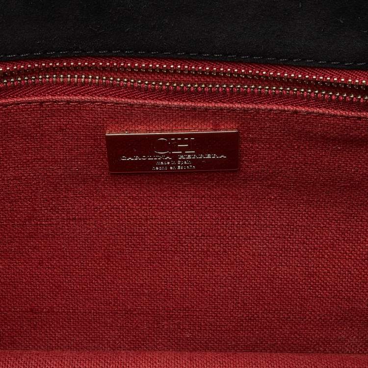 Pre Owned CH Carolina Herrera Black Embossed Logo Leather Flap Top Handle Bag
