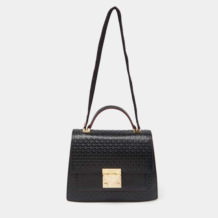 Pre Owned CH Carolina Herrera Black Embossed Logo Leather Flap Top Handle Bag