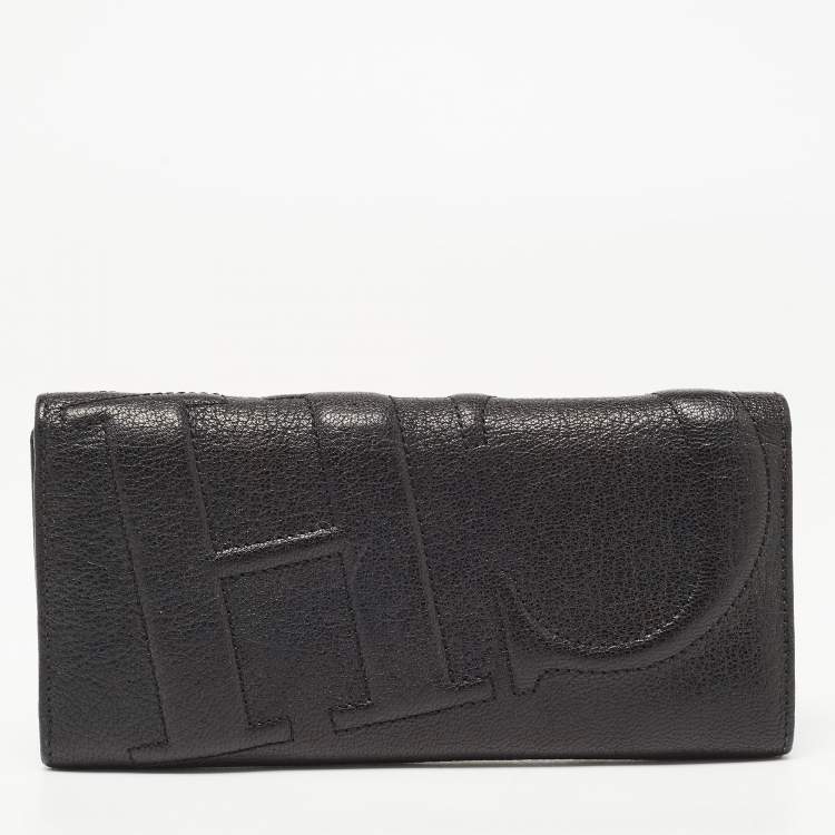 Pre Owned CH Carolina Herrera Black Leather Flap Trifold Continental Wallet
