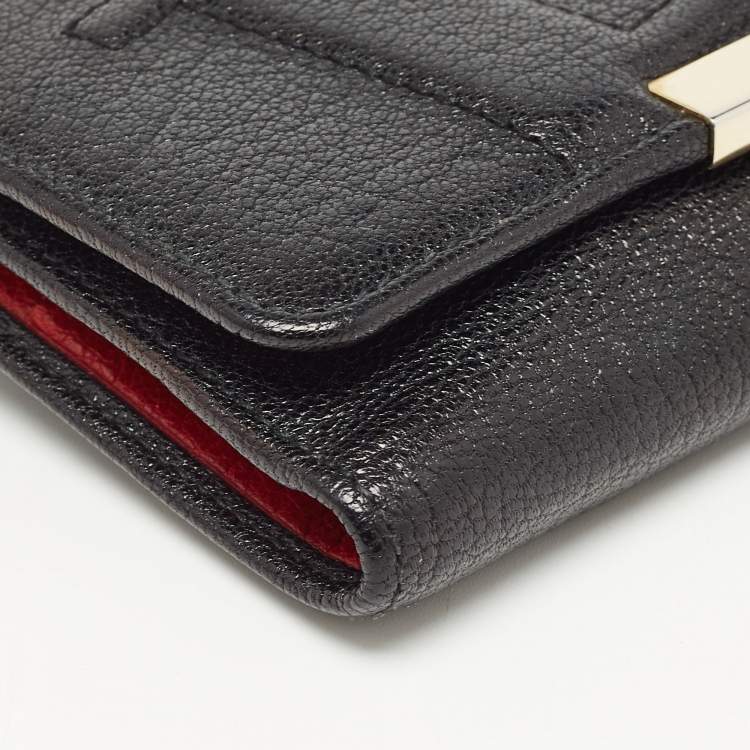 Pre Owned CH Carolina Herrera Black Leather Flap Trifold Continental Wallet
