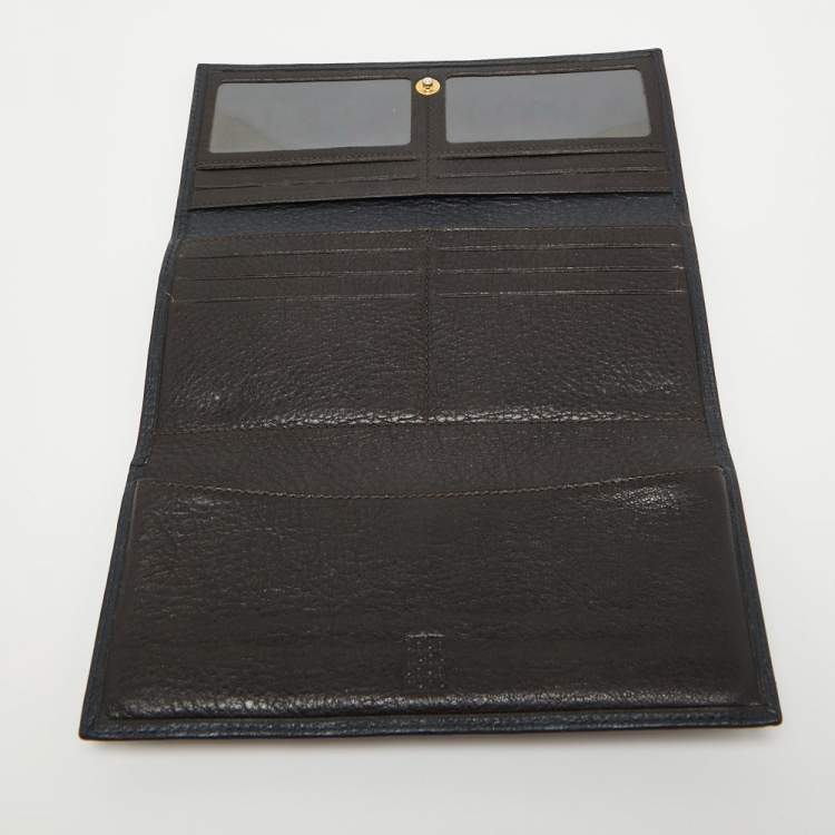 Pre Owned CH Carolina Herrera Navy Blue Monogram Leather Flap Trifold Continental Wallet