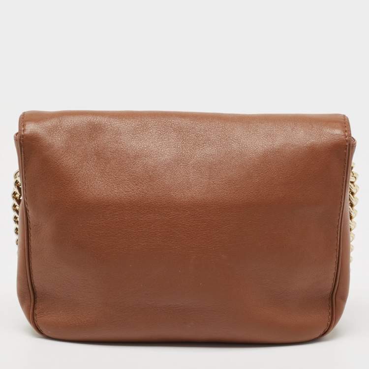Pre Owned CH Carolina Herrera Brown Monogram Leather Flap Shoulder Bag