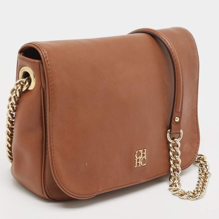Pre Owned CH Carolina Herrera Brown Monogram Leather Flap Shoulder Bag