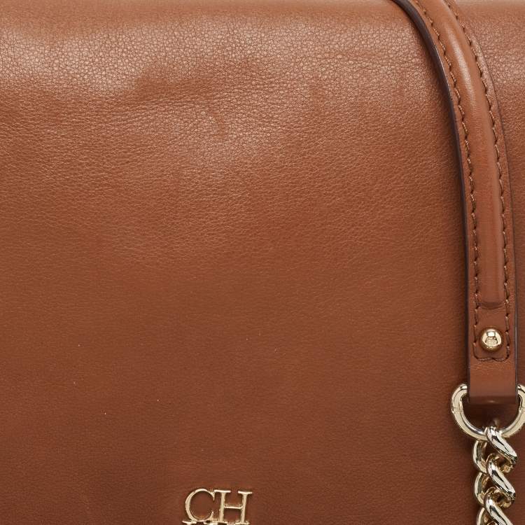 Pre Owned CH Carolina Herrera Brown Monogram Leather Flap Shoulder Bag