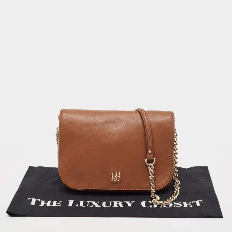Pre Owned CH Carolina Herrera Brown Monogram Leather Flap Shoulder Bag