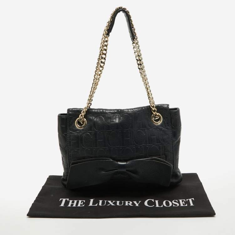 Pre Owned CH Carolina Herrera Midnight Blue Monogram Leather Audrey Shoulder Bag