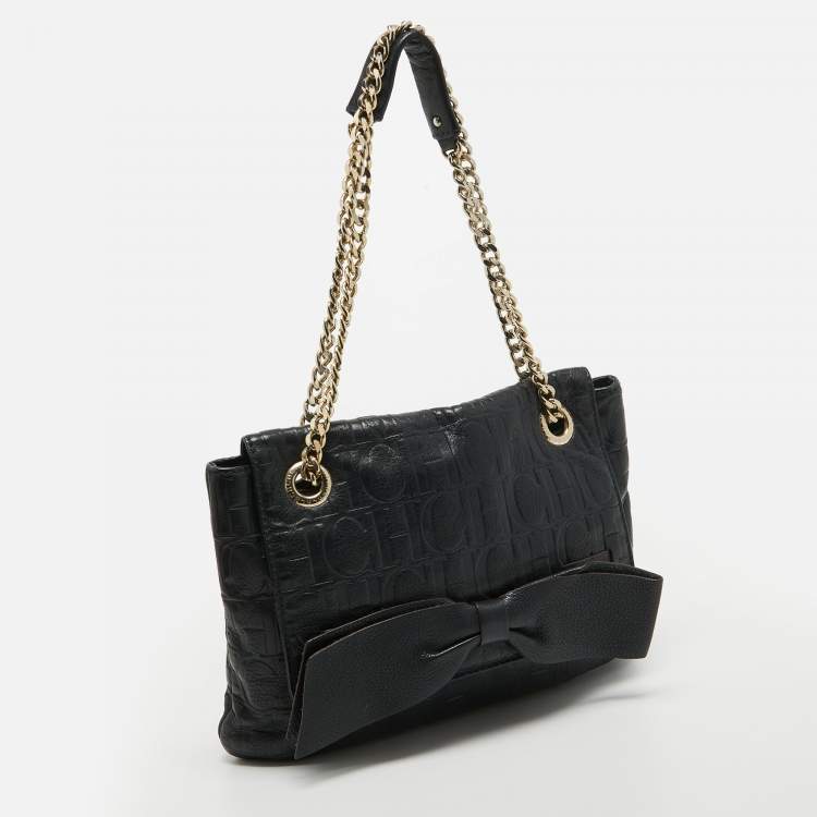 Pre Owned CH Carolina Herrera Midnight Blue Monogram Leather Audrey Shoulder Bag