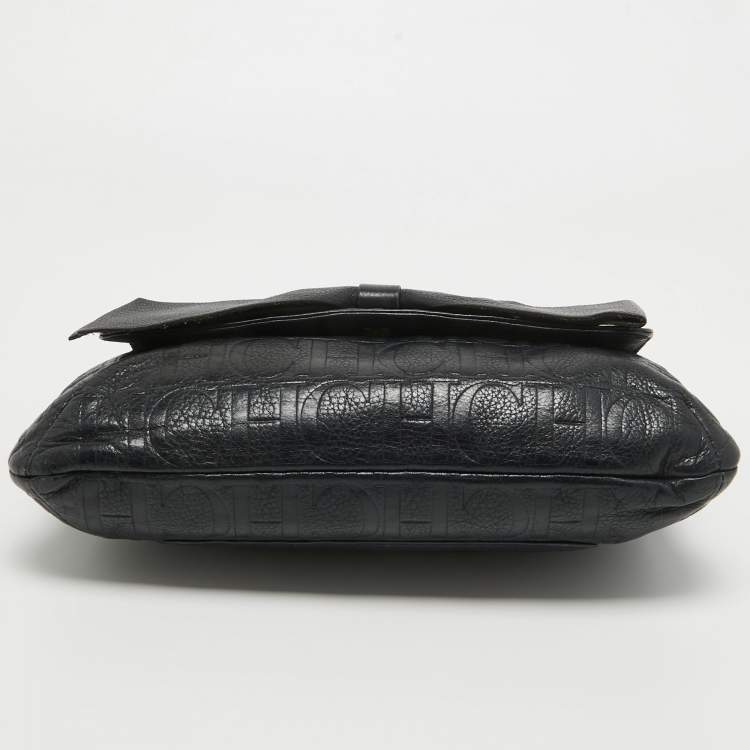 Pre Owned CH Carolina Herrera Midnight Blue Monogram Leather Audrey Shoulder Bag