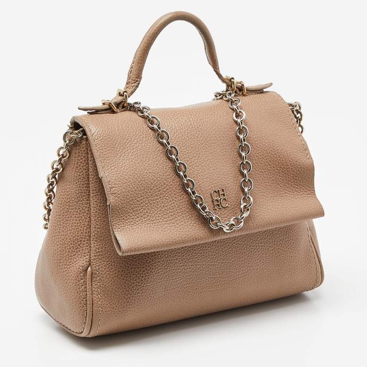 Pre Owned CH Carolina Herrera Beige Leather Minuetto Flap Top Handle Bag