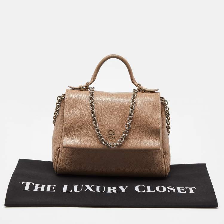 Pre Owned CH Carolina Herrera Beige Leather Minuetto Flap Top Handle Bag