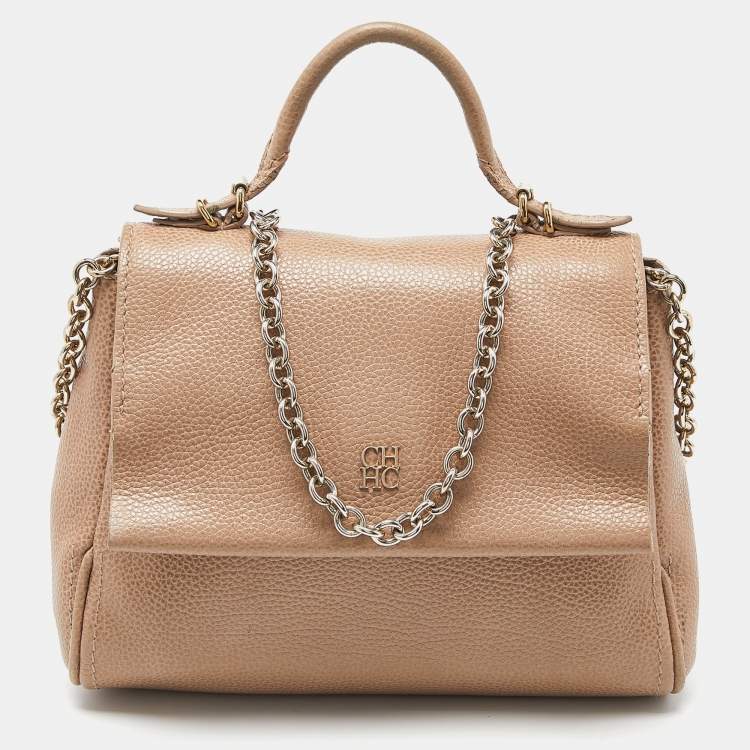 Pre Owned CH Carolina Herrera Beige Leather Minuetto Flap Top Handle Bag