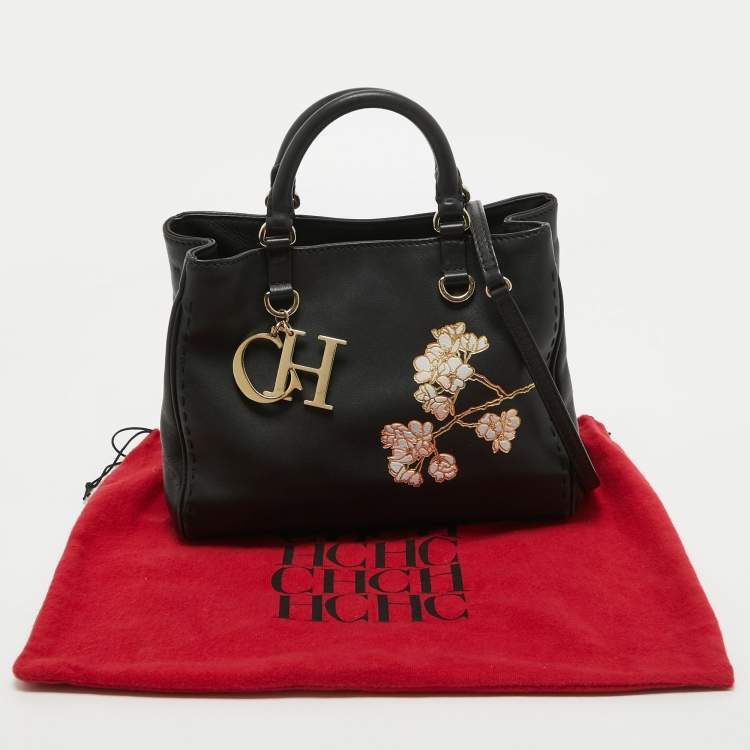 Pre Owned CH Carolina Herrera Black Leather Charm Tote