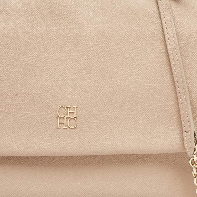 Pre Owned CH Carolina Herrera Beige Leather Minuetto Flap Top Handle Bag