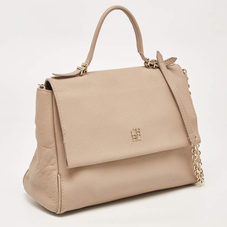 Pre Owned CH Carolina Herrera Beige Leather Minuetto Flap Top Handle Bag