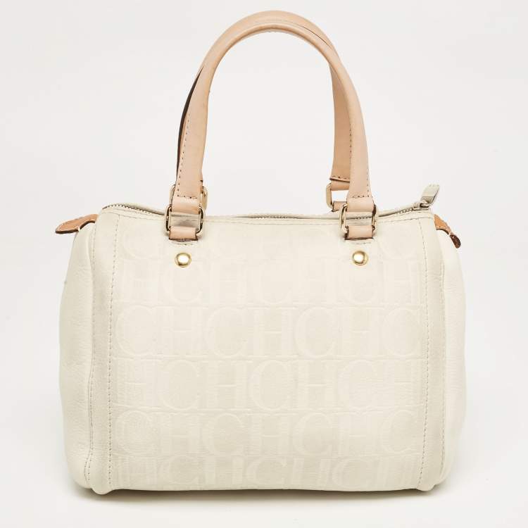Pre Owned CH Carolina Herrera Off White/Beige Monogram Embossed Leather Andy Boston Bag