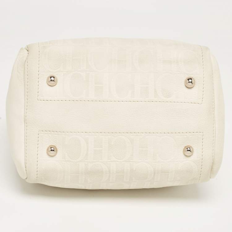 Pre Owned CH Carolina Herrera Off White/Beige Monogram Embossed Leather Andy Boston Bag