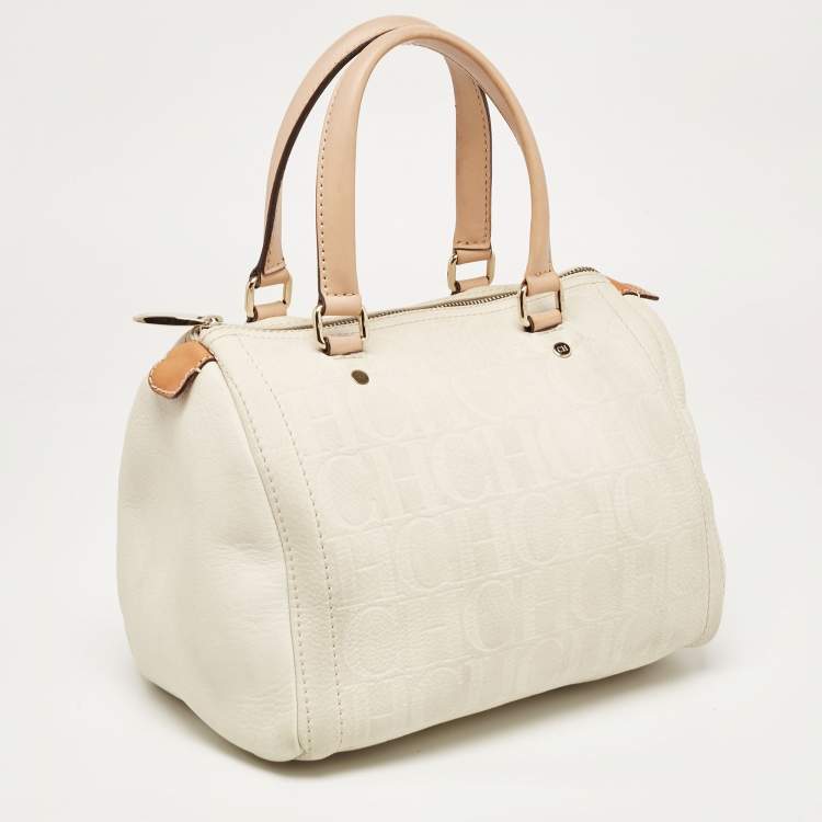 Pre Owned CH Carolina Herrera Off White/Beige Monogram Embossed Leather Andy Boston Bag