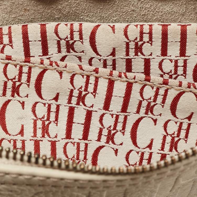 Pre Owned CH Carolina Herrera Off White/Beige Monogram Embossed Leather Andy Boston Bag