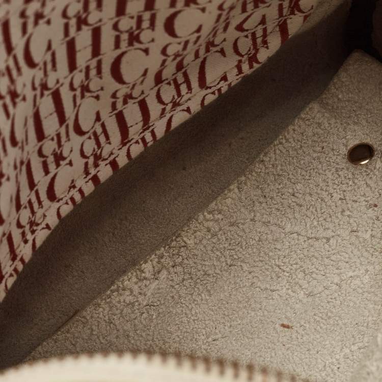 Pre Owned CH Carolina Herrera Off White/Beige Monogram Embossed Leather Andy Boston Bag
