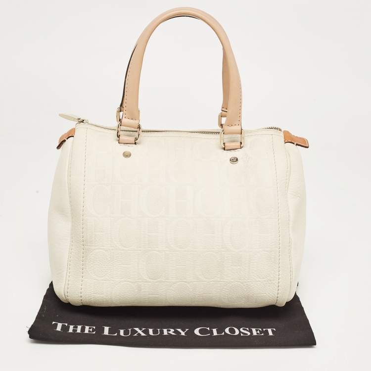 Pre Owned CH Carolina Herrera Off White/Beige Monogram Embossed Leather Andy Boston Bag