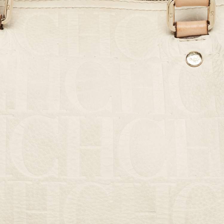 Pre Owned CH Carolina Herrera Off White/Beige Monogram Embossed Leather Andy Boston Bag