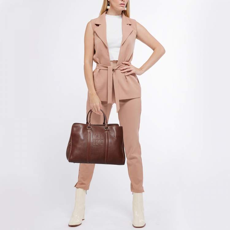 Pre Owned CH Carolina Herrera Brown Grained Leather Matteo Tote