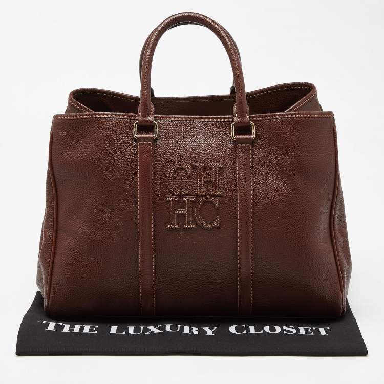 Pre Owned CH Carolina Herrera Brown Grained Leather Matteo Tote