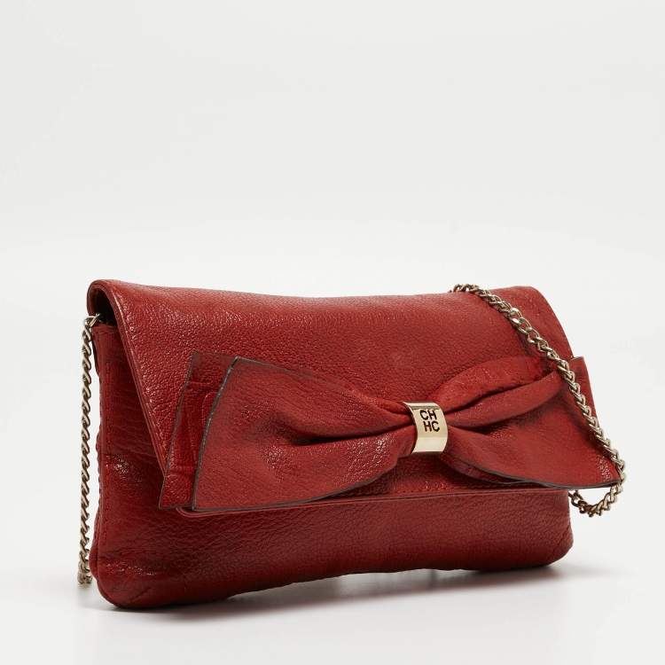 Pre Owned CH Carolina Herrera Red Monogram Leather Bow Chain Clutch