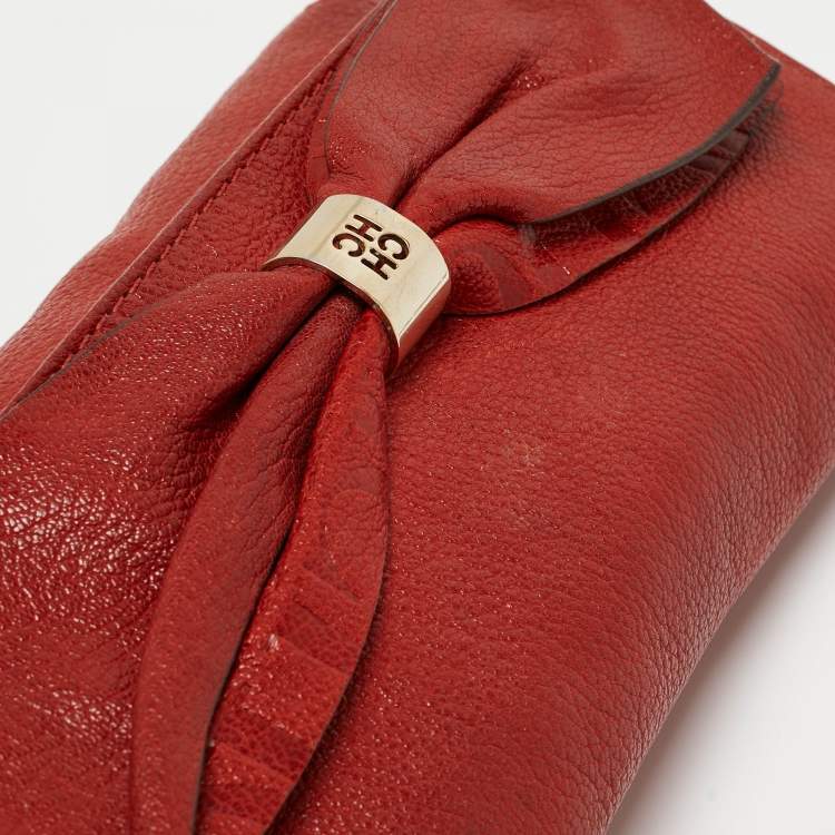 Pre Owned CH Carolina Herrera Red Monogram Leather Bow Chain Clutch
