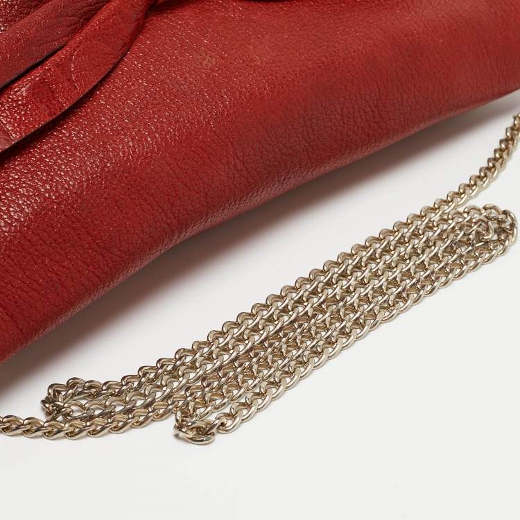 Pre Owned CH Carolina Herrera Red Monogram Leather Bow Chain Clutch