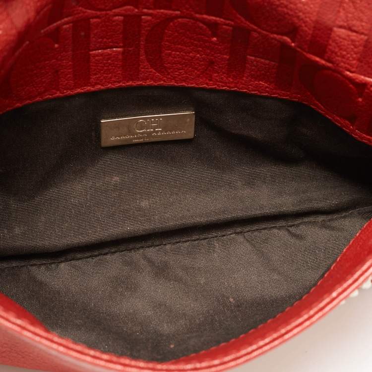 Pre Owned CH Carolina Herrera Red Monogram Leather Bow Chain Clutch