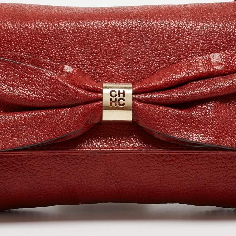 Pre Owned CH Carolina Herrera Red Monogram Leather Bow Chain Clutch