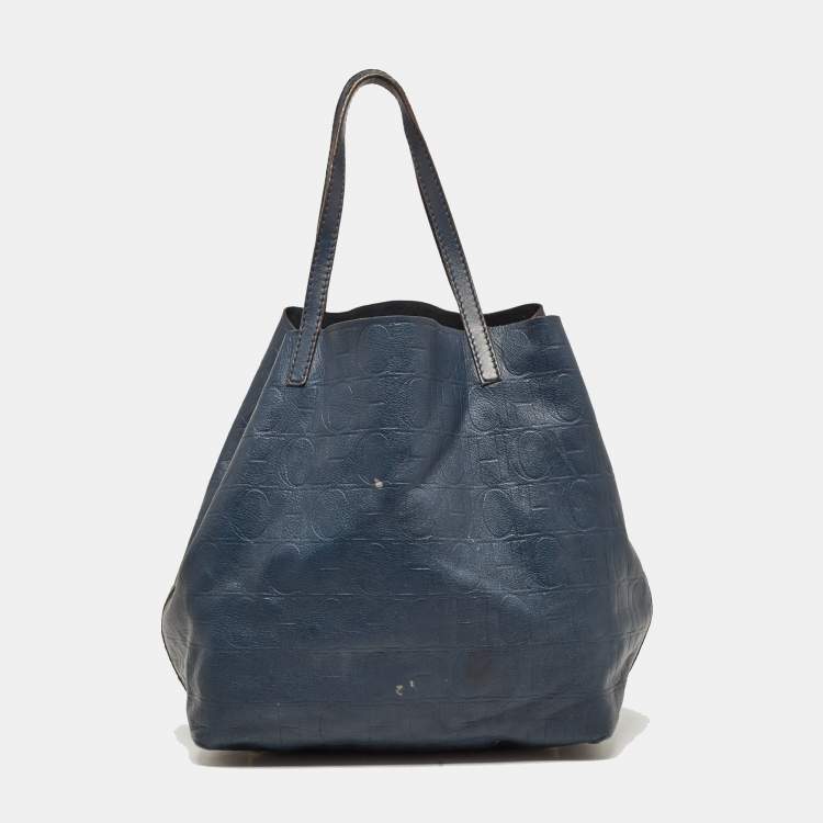 Pre Owned CH Carolina Herrera Blue Monogram Embossed Leather Matryoshka Tote
