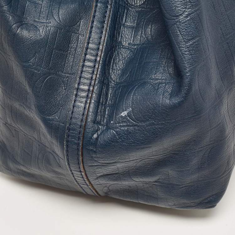 Pre Owned CH Carolina Herrera Blue Monogram Embossed Leather Matryoshka Tote