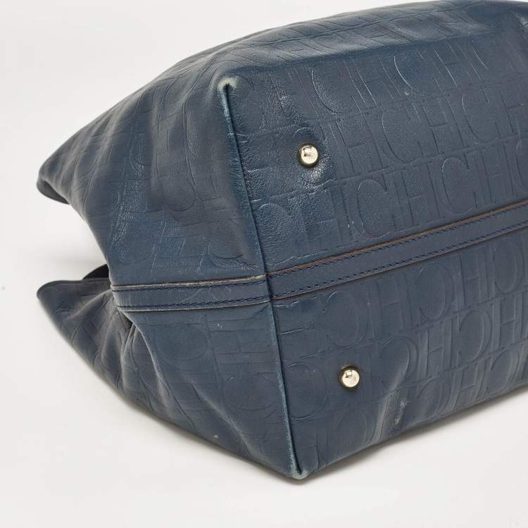 Pre Owned CH Carolina Herrera Blue Monogram Embossed Leather Matryoshka Tote