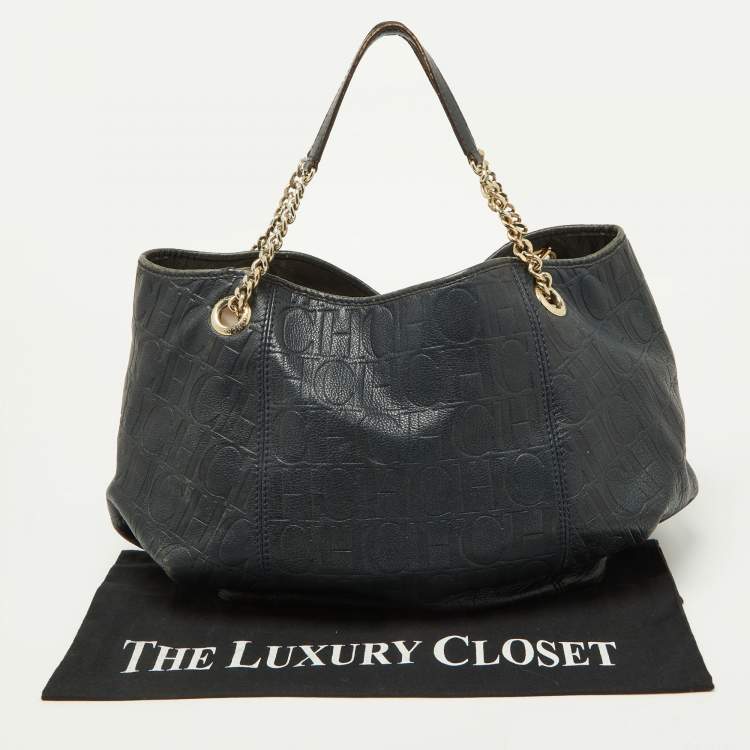 Pre Owned CH Carolina Herrera Blue Monogram Embossed Leather Chain Hobo