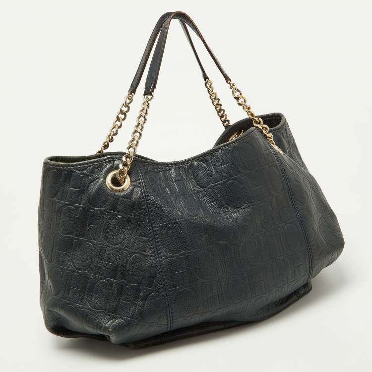 Pre Owned CH Carolina Herrera Blue Monogram Embossed Leather Chain Hobo