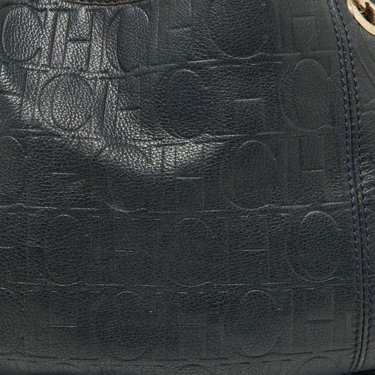 Pre Owned CH Carolina Herrera Blue Monogram Embossed Leather Chain Hobo