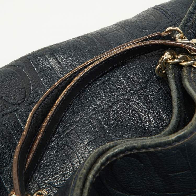 Pre Owned CH Carolina Herrera Blue Monogram Embossed Leather Chain Hobo