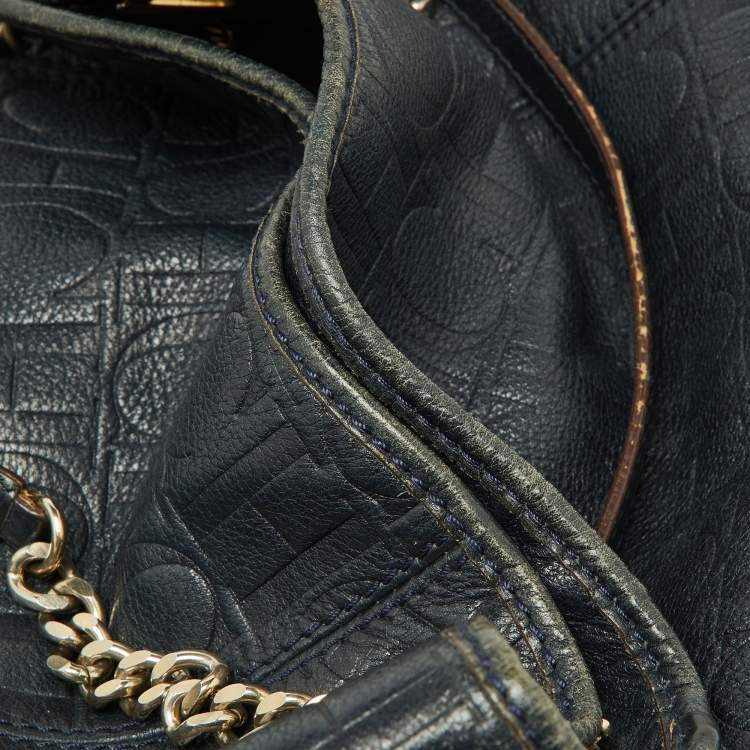 Pre Owned CH Carolina Herrera Blue Monogram Embossed Leather Chain Hobo