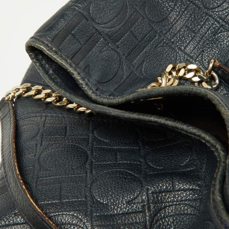 Pre Owned CH Carolina Herrera Blue Monogram Embossed Leather Chain Hobo