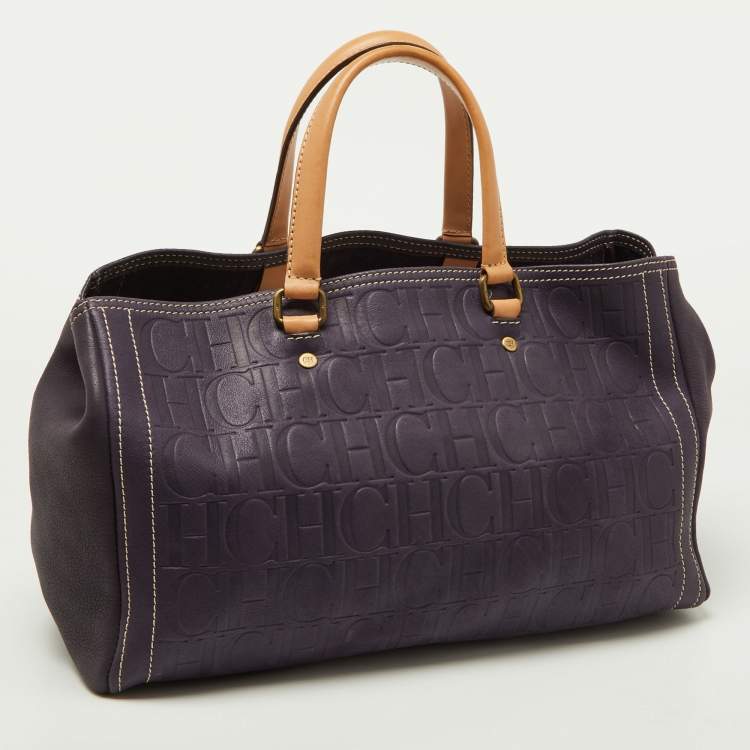 Pre Owned CH Carolina Herrera Purple/Beige Monogram Leather Andy Shopper Tote