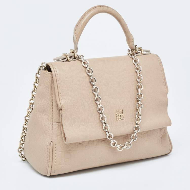 Pre Owned CH Carolina Herrera Beige Leather Small Minuetto Top Handle Bag