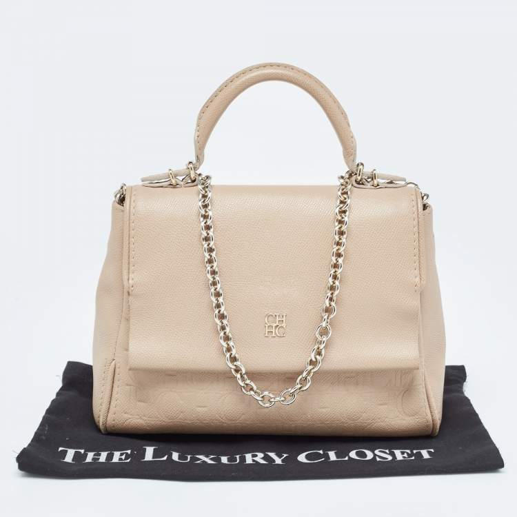 Pre Owned CH Carolina Herrera Beige Leather Small Minuetto Top Handle Bag
