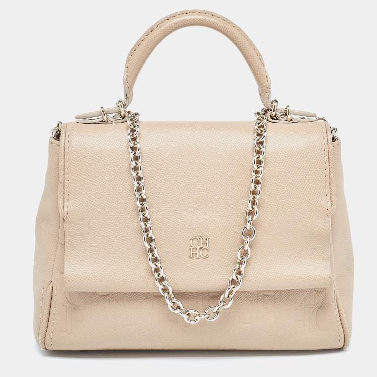 Pre Owned CH Carolina Herrera Beige Leather Small Minuetto Top Handle Bag