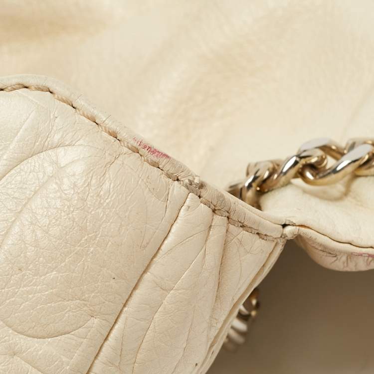 Pre Owned CH Carolina Herrera Beige Monogram Embossed Leather Audrey Shoulder Bag