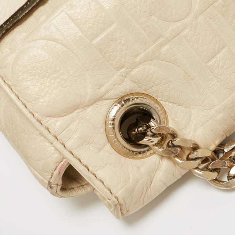 Pre Owned CH Carolina Herrera Beige Monogram Embossed Leather Audrey Shoulder Bag