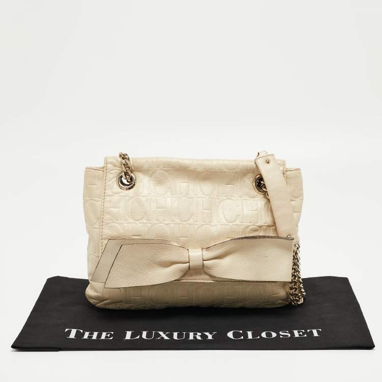 Pre Owned CH Carolina Herrera Beige Monogram Embossed Leather Audrey Shoulder Bag