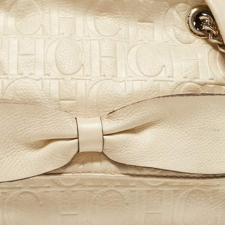 Pre Owned CH Carolina Herrera Beige Monogram Embossed Leather Audrey Shoulder Bag