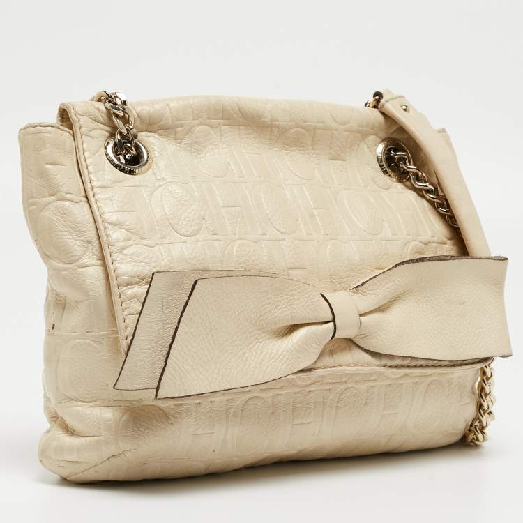Pre Owned CH Carolina Herrera Beige Monogram Embossed Leather Audrey Shoulder Bag